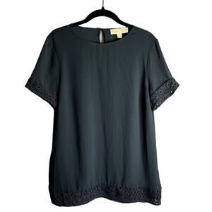 Michael Kors Navy Blue Sheer Short Sleeve Blouse Eyelet Trim Medium